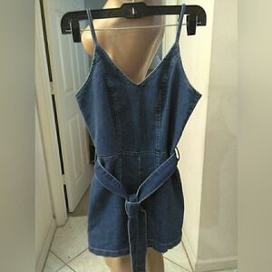 NWOT SHEIN Denim Spaghetti-Strap Romper with Self-Tie Belt SZ. SM SO CUTE!